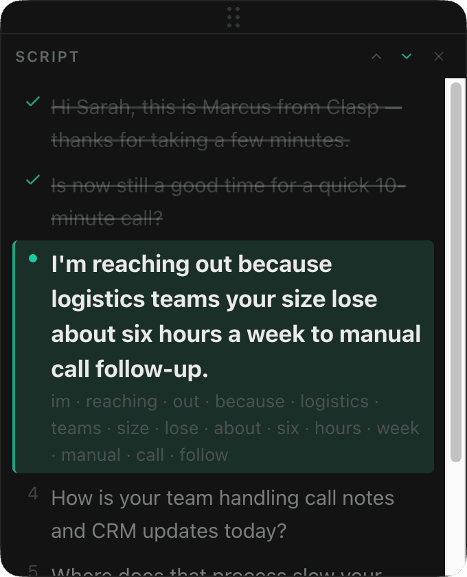 Clasp script panel — live script overlay